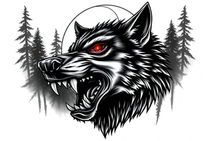 Detailed werewolf muzzle, bared teeth, glowing red eyes, crescent moon behind, dark forest background. tattoo idea