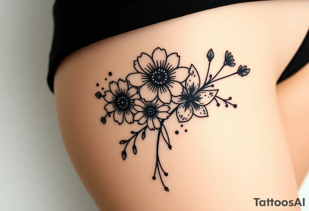 Honeysuckle, marigold, chrysanthemum, and violet bouquet tattoo idea