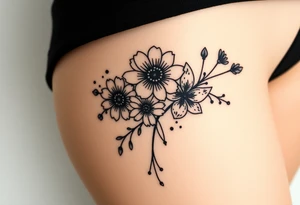 Honeysuckle, marigold, chrysanthemum, and violet bouquet tattoo idea