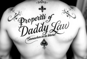 Lettering in calligraphy/cursive that says:
Property of
Daddy Law

Somewhere in there a queen of spades. 
tattoo is going to be for a thicker female on their lower back tattoo idea