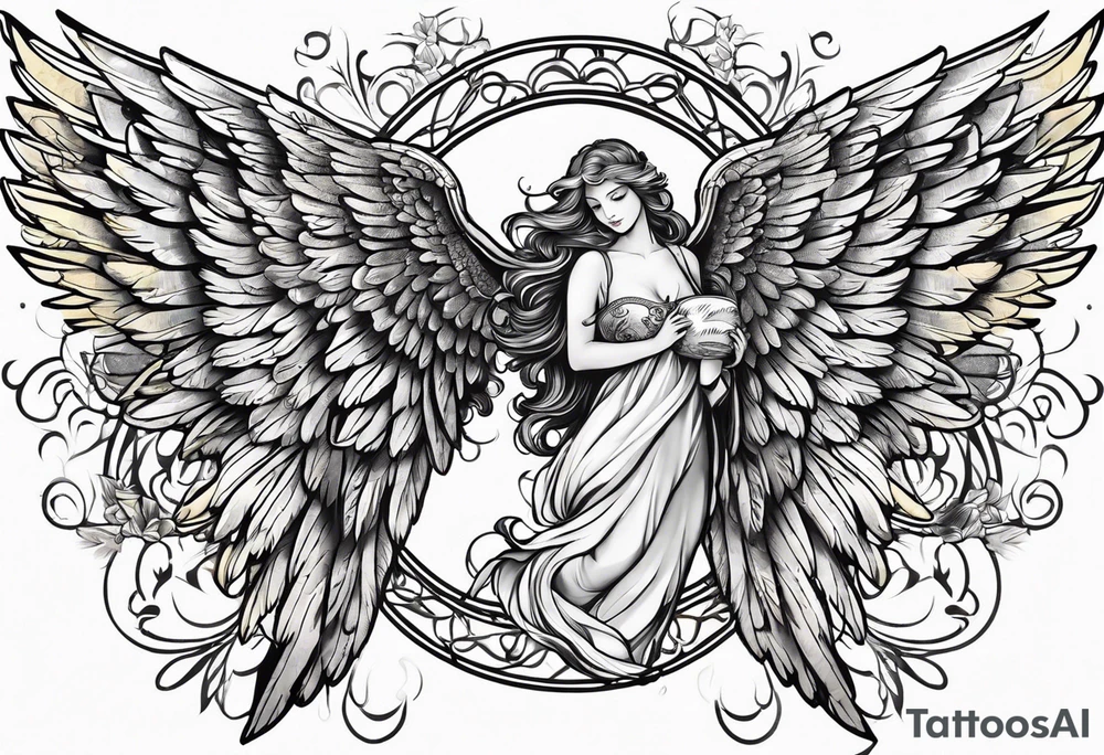 beautiful angel wings. with flilgree in the background tattoo idea