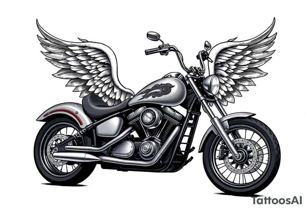 Low rider grey motorcycle, flames, angel wings tattoo idea