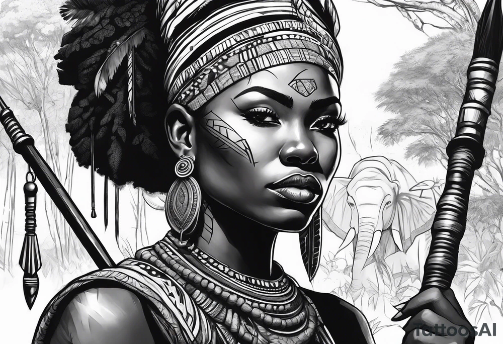 African woman warrior holding spear with earrings. Tribe marks on her face and trees,brids and elephants in the background tattoo idea