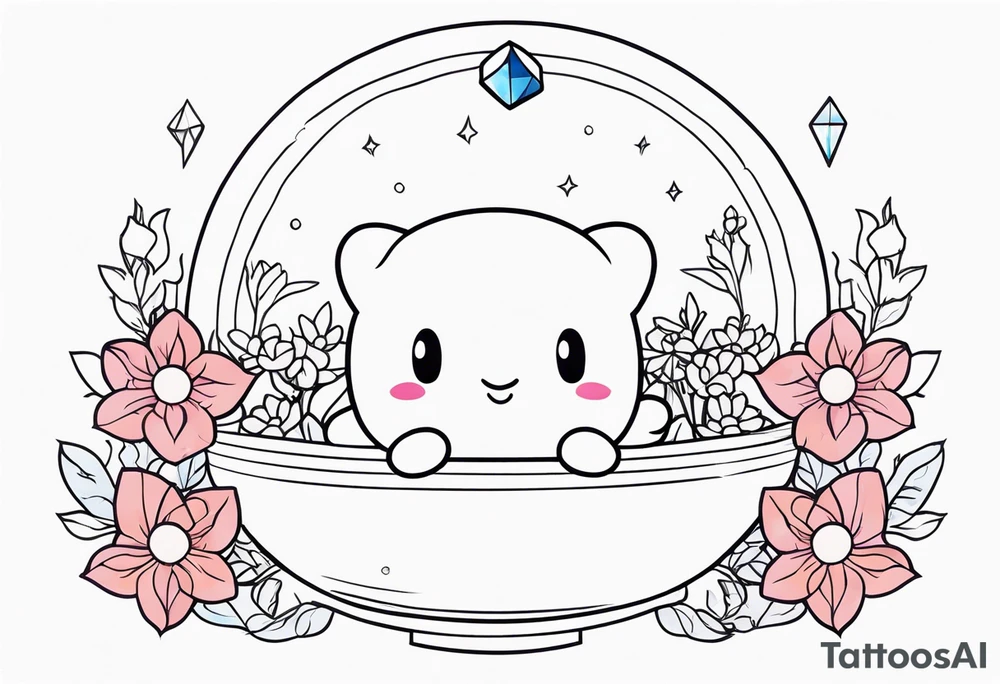 kirby in a bed of flowers holding a crystal above tattoo idea