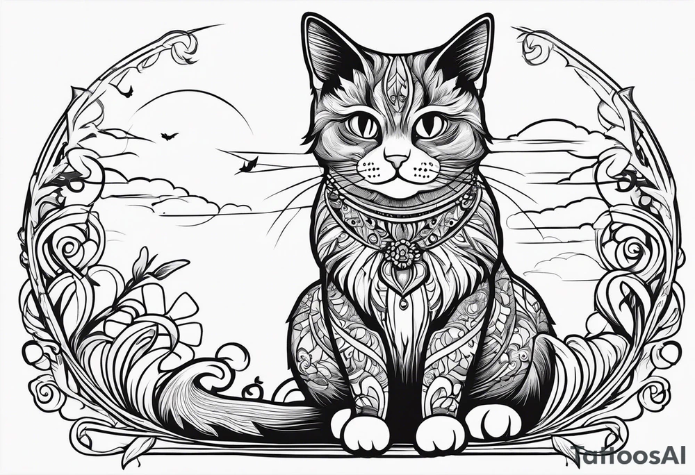 Simple line drawing of a Cat witch looking suspiciously off into the horizon tattoo idea