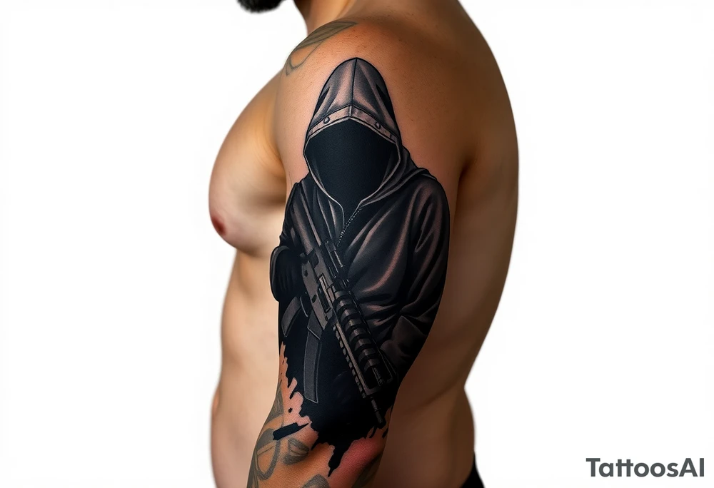 Minimalist covert operative symbolism representing loyalty and survival, faceless soldier silhouette emerging from darkness, torn fabric, subtle scars, controlled posture, black and grey realism, emotional restraint, understated strength, tattoo sleeve element. tattoo idea