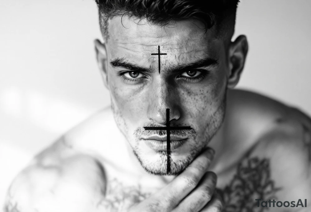 A black ink cross under a man's left eye, detailed with shadows on man face under a man’s right eye. tattoo idea