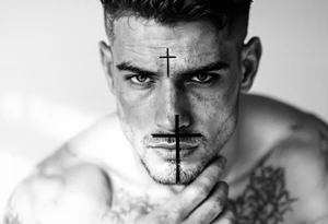A black ink cross under a man's left eye, detailed with shadows on man face under a man’s right eye. tattoo idea