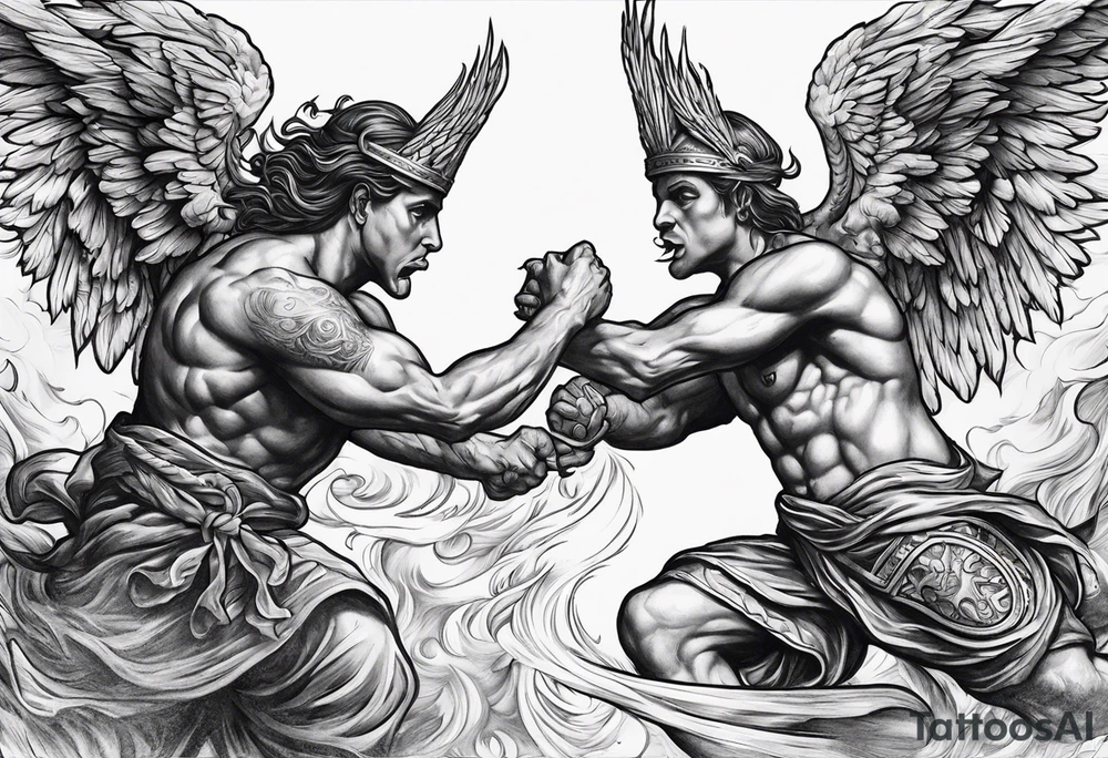 Angels fighting demons over fire with skuls in the background tattoo idea