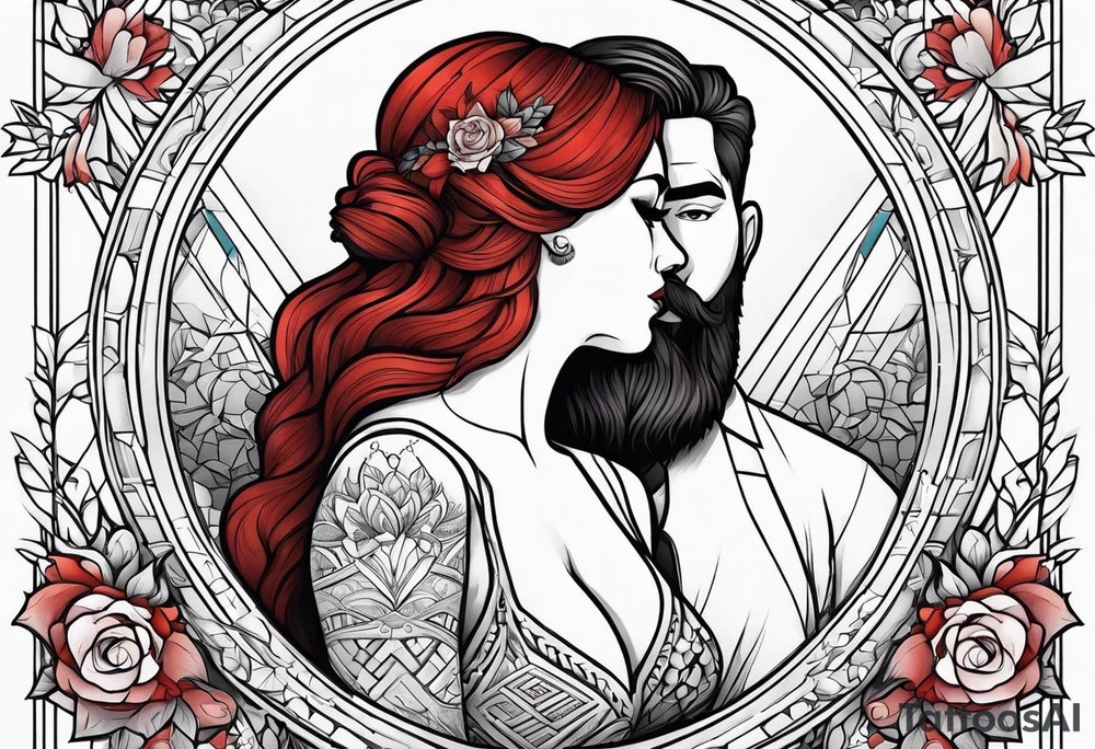 Busty red haired woman with a bearded man who has black hair getting married tattoo idea