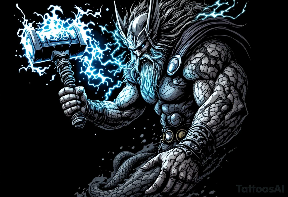 A colossal Thor battling the Midgard Serpent, Jörmungandr, with Mjölnir glowing in his hand, in high-contrast black and grey with electric blue. tattoo idea