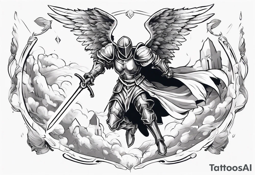 An angel Knight in mid-air with his sword about to attack in isometric view tattoo idea