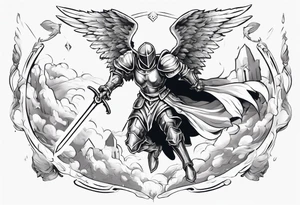 An angel Knight in mid-air with his sword about to attack in isometric view tattoo idea