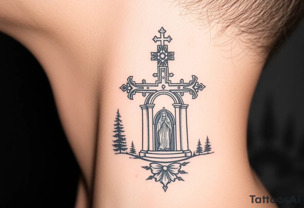 russian coat arms traditional christian orthodox cross with a virgin mary stood in the entrance of a russian orthodox dome church on the side of the neck in a wilderness setting tattoo idea