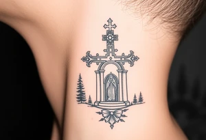 russian coat arms traditional christian orthodox cross with a virgin mary stood in the entrance of a russian orthodox dome church on the side of the neck in a wilderness setting tattoo idea
