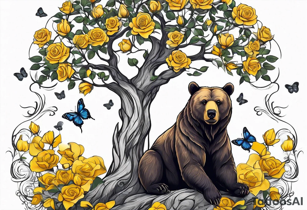 A bear sitting under the tree of life with three yellow roses, and three butterflies tattoo idea