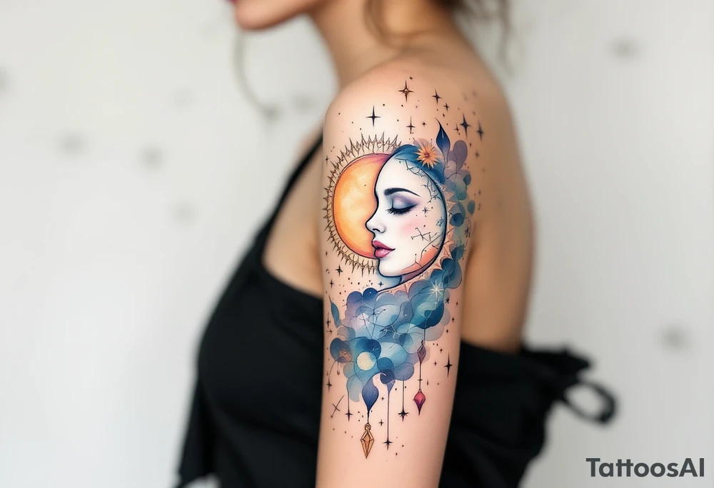 celestial sun and moon embrace with constellation patterns tattoo idea