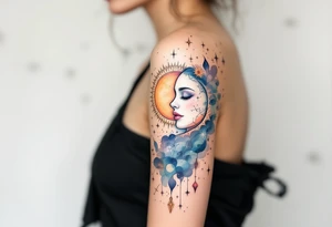 celestial sun and moon embrace with constellation patterns tattoo idea