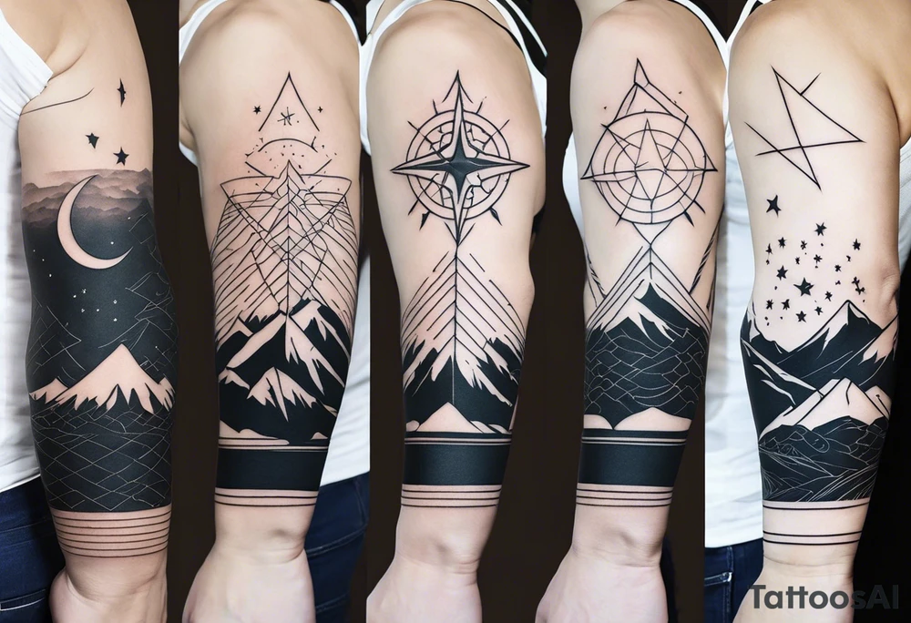 complete upper arm sleeve. Three Peaks, Three Stars, Swords, and Vines: Create a minimalistic fine line tattoo for a right upper arm half sleeve. Feature three rugged mountain peaks, each topped with a simple star. Emphasize crossed swords, integrating with abstract, feather-like patterns that evoke the Valkyrie spirit. Keep the design in clean, simple lines, emphasizing the serene and mystical qualities without text. tattoo idea