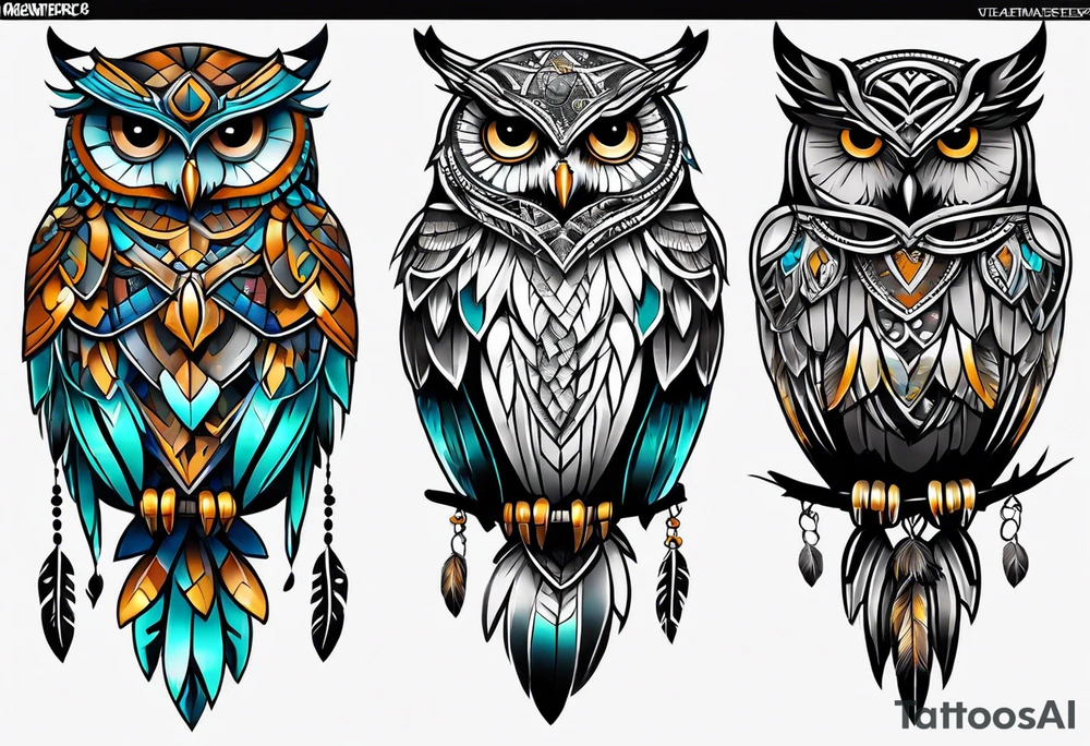 Owl and dreamcatcher back of calf sleeve tattoo idea