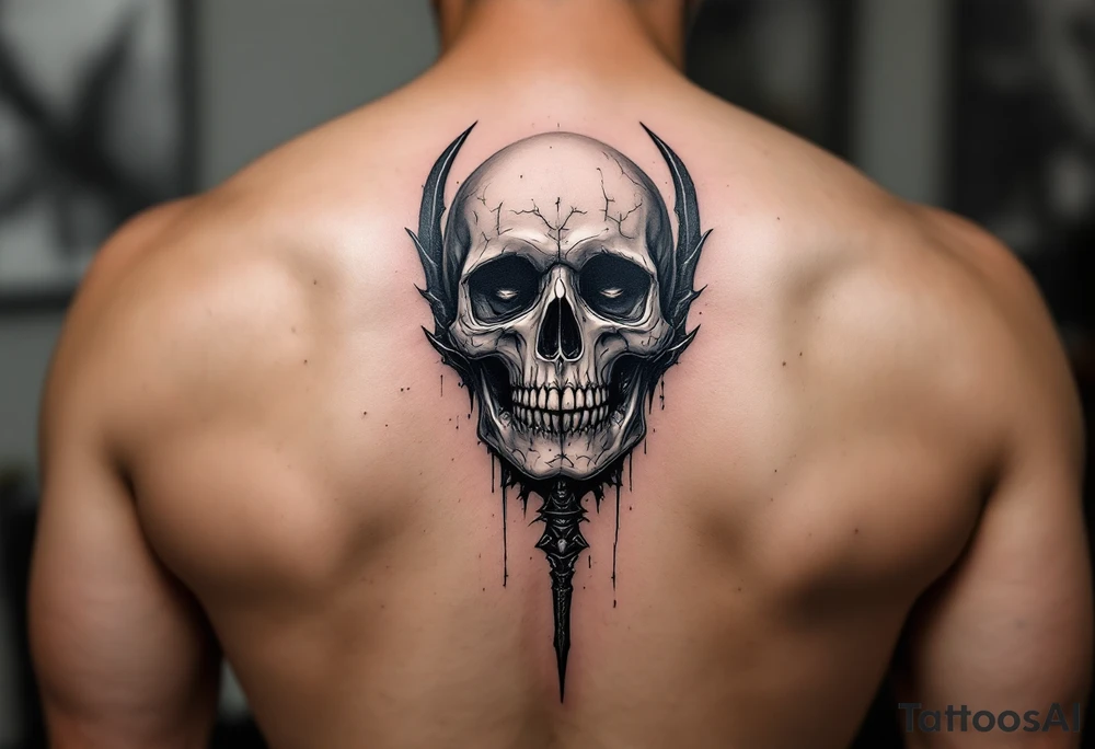skeleton face behind trident tattoo idea
