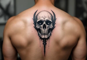 skeleton face behind trident tattoo idea