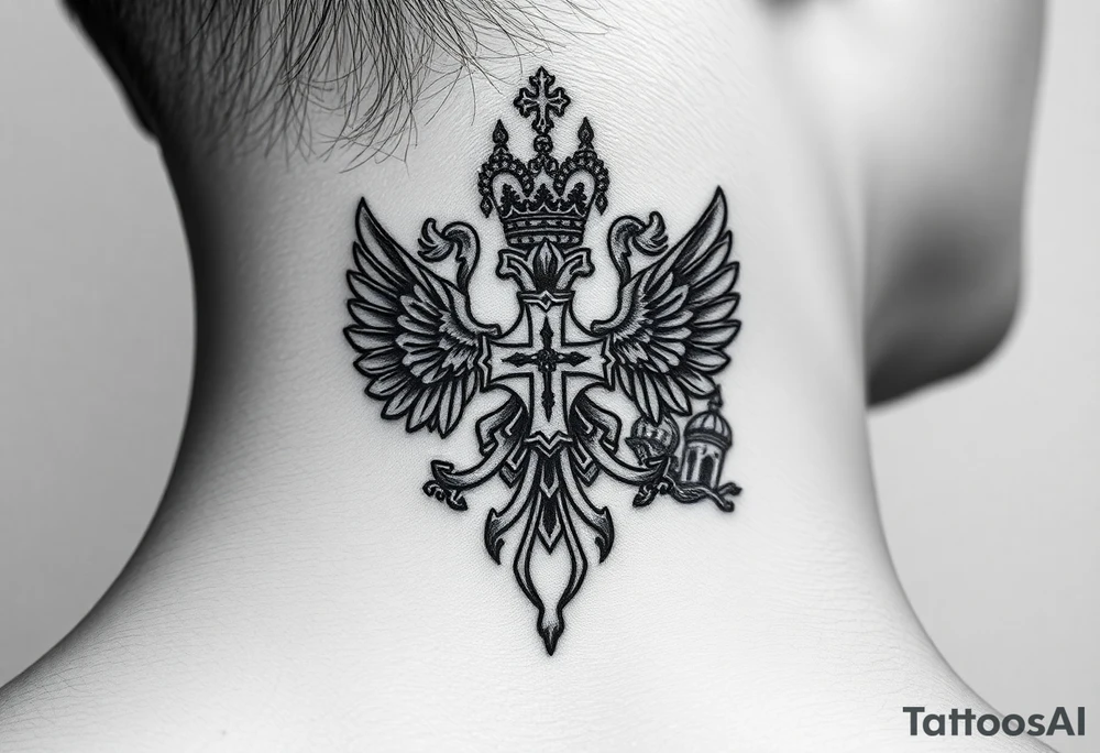 russian coat arms in a russian christian orthodox cross with the cross in the middle with a virgin mary & orthodox dome church on the side of the neck tattoo idea