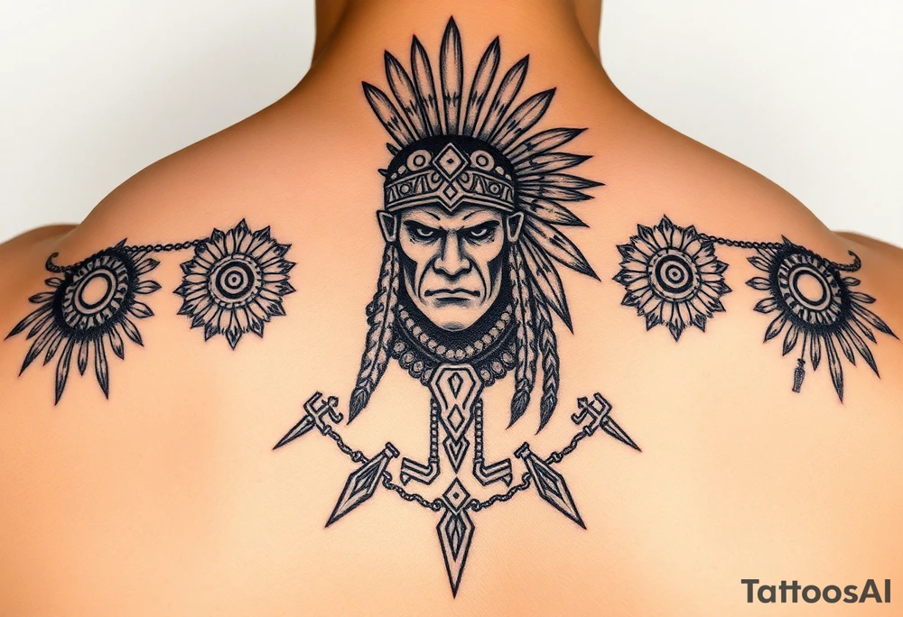 Purepecha warrior surrounded by purepecha symbols tattoo idea