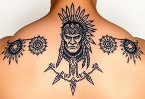 Purepecha warrior surrounded by purepecha symbols tattoo idea