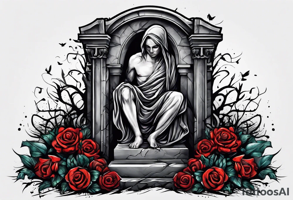 Person emerging from grave. 
MIW Reincarnate written on gravestone tattoo idea