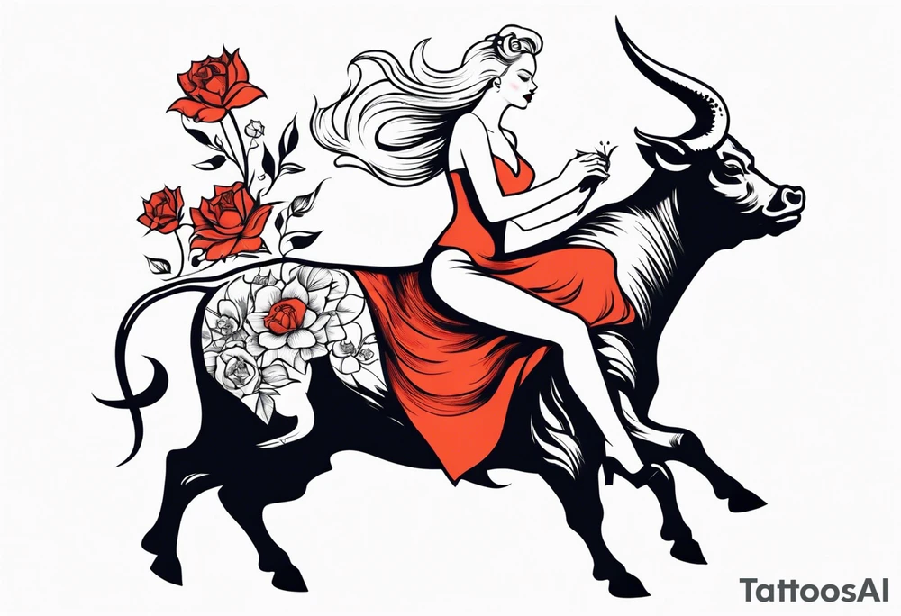 a blonde beautiful woman wearing devil costume rides a bull old school flowers tattoo idea