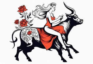 a blonde beautiful woman wearing devil costume rides a bull old school flowers tattoo idea