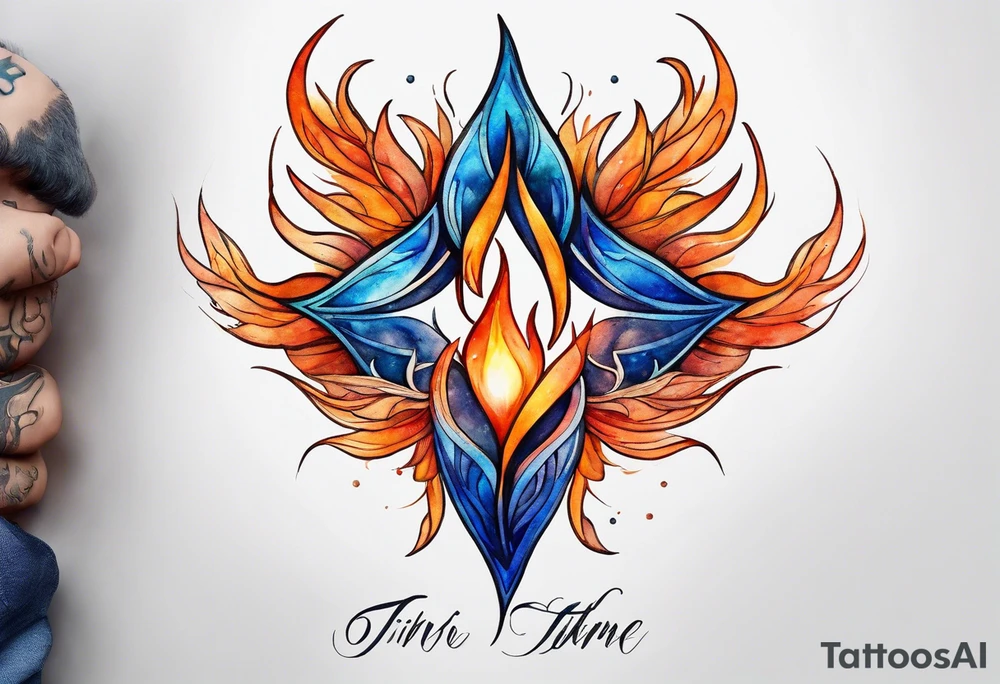 Twin flame symbol with blue and orange fire. Intricate lining and watercolor paint for the fire. Make it a small tattoo. tattoo idea