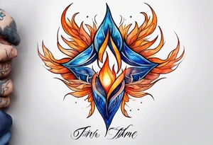 Twin flame symbol with blue and orange fire. Intricate lining and watercolor paint for the fire. Make it a small tattoo. tattoo idea