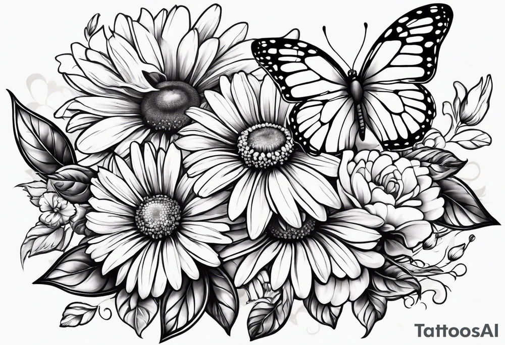 small tattoo daisies, chrysanthemum and morning glories with a butterfly tattoo idea