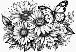 small tattoo daisies, chrysanthemum and morning glories with a butterfly tattoo idea
