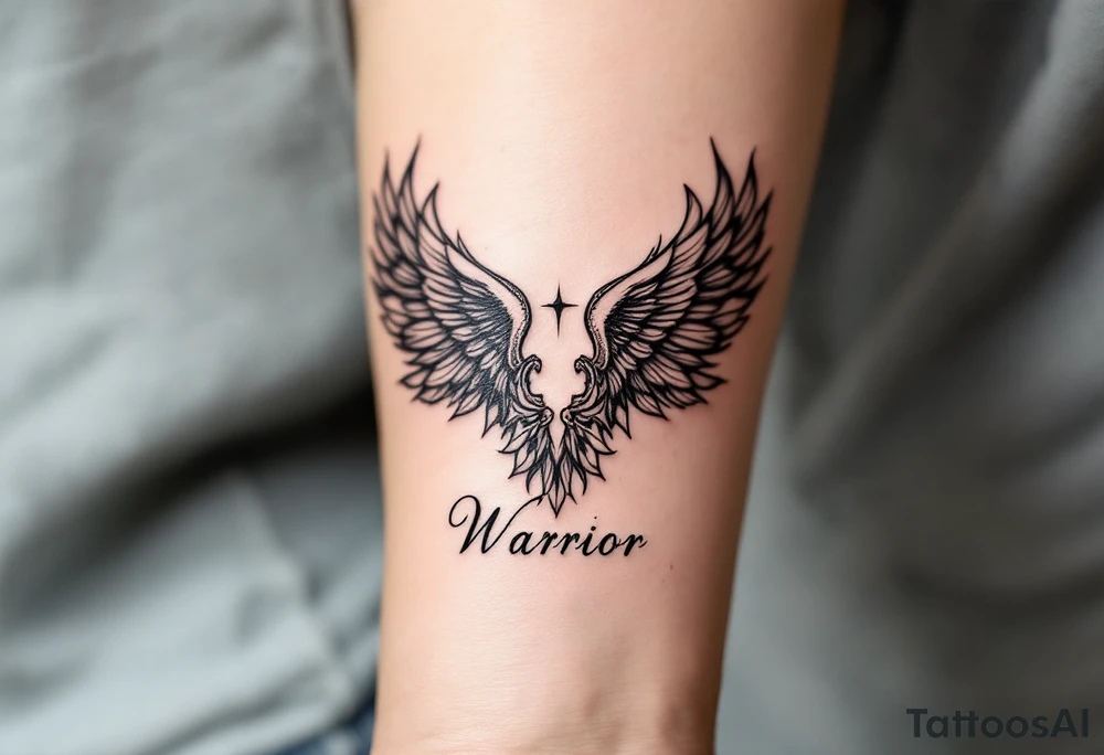 beautiful strong angel wing with word "Warrior" tattoo idea