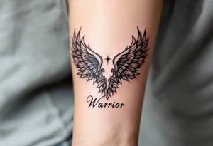 beautiful strong angel wing with word "Warrior" tattoo idea