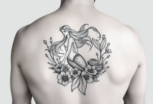 ethereal mermaid with flowing hair among coral and sea flowers tattoo idea