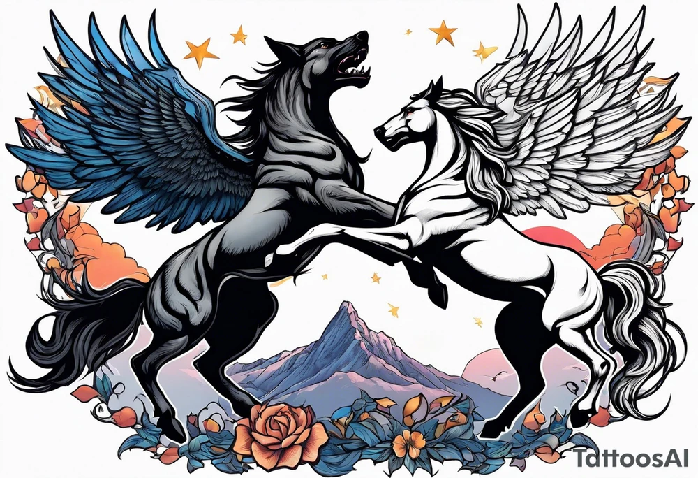 Female werewolf and Pegasus fighting each other in the night tattoo idea