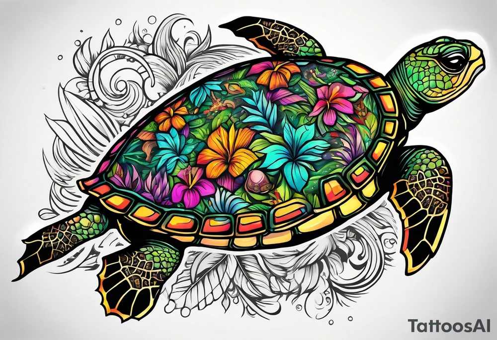 tropical psychedelic turtle's back, top down view, as seen from above tattoo idea