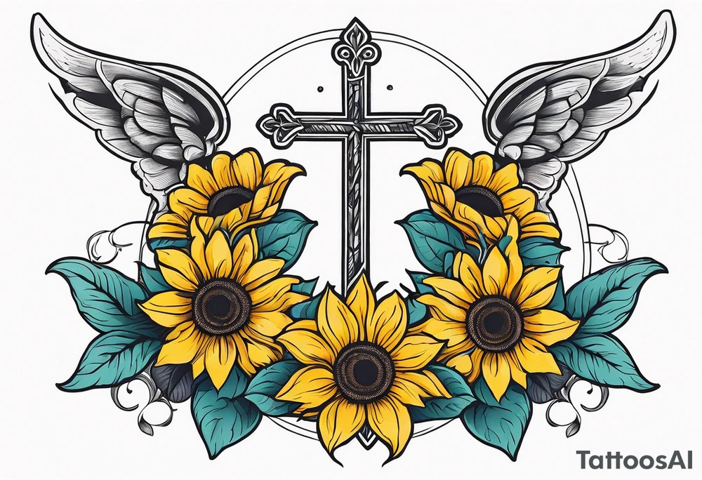Arm sleeve with Winged cross with sunflower and butterflies tattoo idea