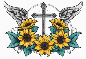 Arm sleeve with Winged cross with sunflower and butterflies tattoo idea