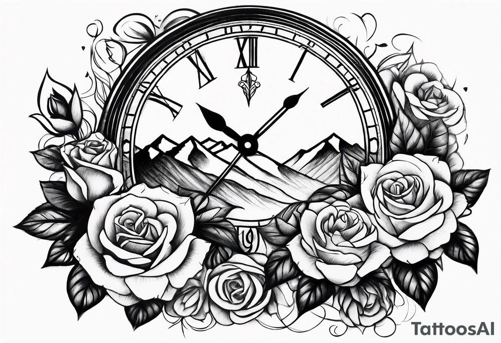Mountains with clock with roses tattoo idea