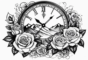 Mountains with clock with roses tattoo idea