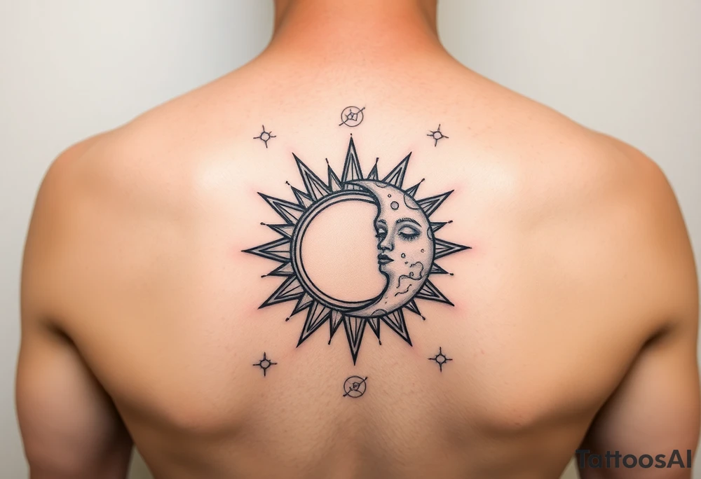 celestial sun and moon embrace with constellation patterns tattoo idea