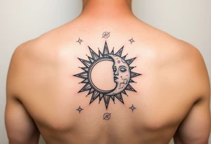 celestial sun and moon embrace with constellation patterns tattoo idea