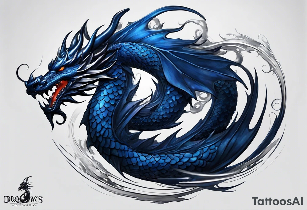 An epic floating dragon. Its long body coiling dynamically, with scales and horns detailed to create a sense of movement and strength. The dragon's main color is midnight blue, giving a vibrant depth and a mystical aura. This tattoo highlights the dragon’s fierce expression and sharp claws. tattoo idea