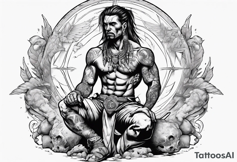 Peaceful and savage warrior kneeling with the whole world resting on his hand above shoulders tattoo idea