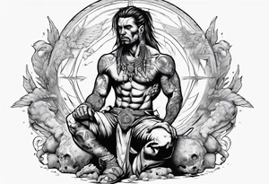 Peaceful and savage warrior kneeling with the whole world resting on his hand above shoulders tattoo idea